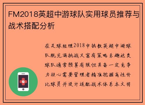 FM2018英超中游球队实用球员推荐与战术搭配分析
