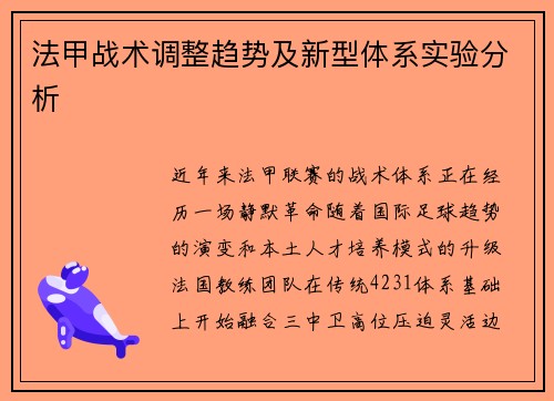 法甲战术调整趋势及新型体系实验分析